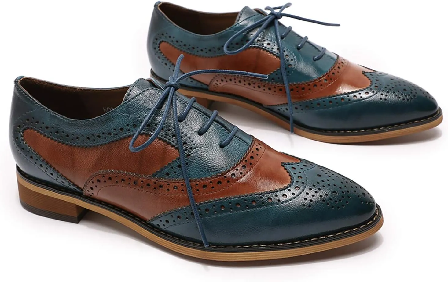 Mona flying Women's Perforated Oxfords Wingtip Brogue Lace up Leather Flat Office Work Shoes for Ladies
