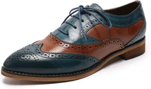 Mona flying Women's Perforated Oxfords Wingtip Brogue Lace up Leather Flat Office Work Shoes for Ladies