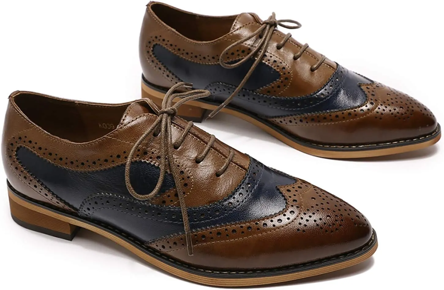 Mona flying Women's Perforated Oxfords Wingtip Brogue Lace up Leather Flat Office Work Shoes for Ladies