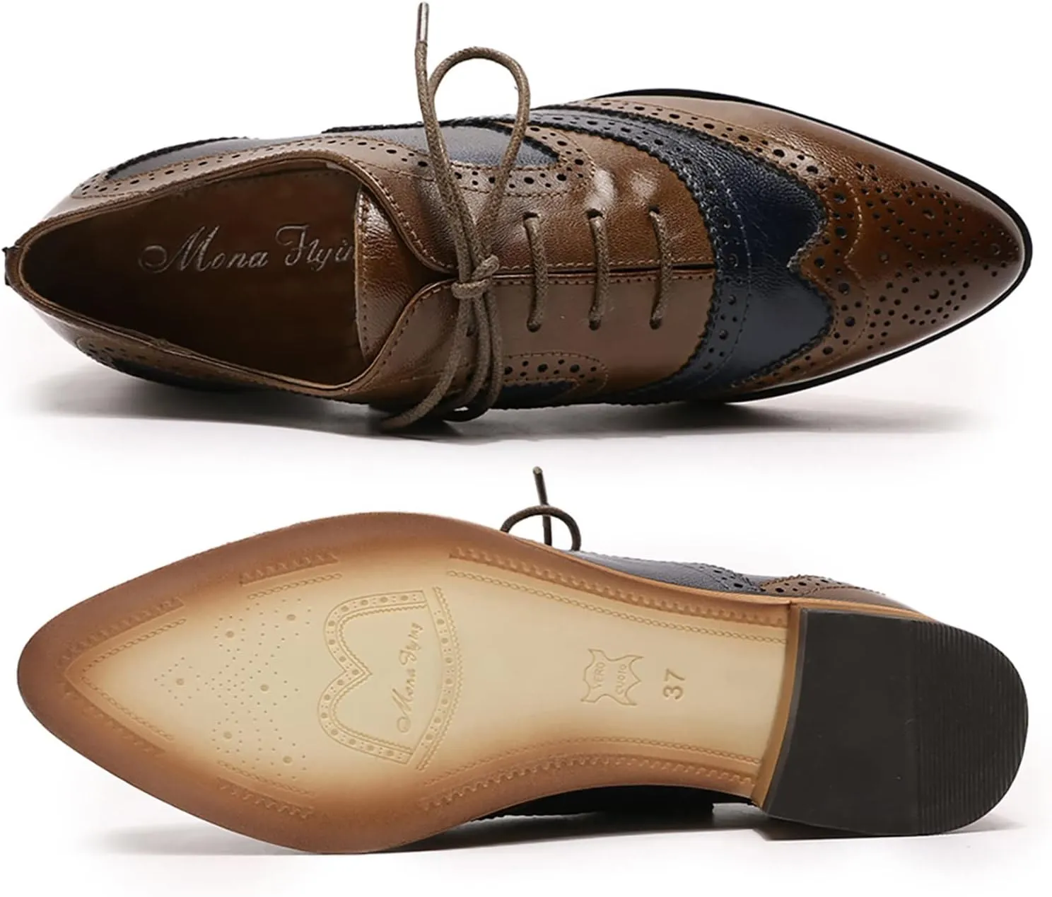 Mona flying Women's Perforated Oxfords Wingtip Brogue Lace up Leather Flat Office Work Shoes for Ladies