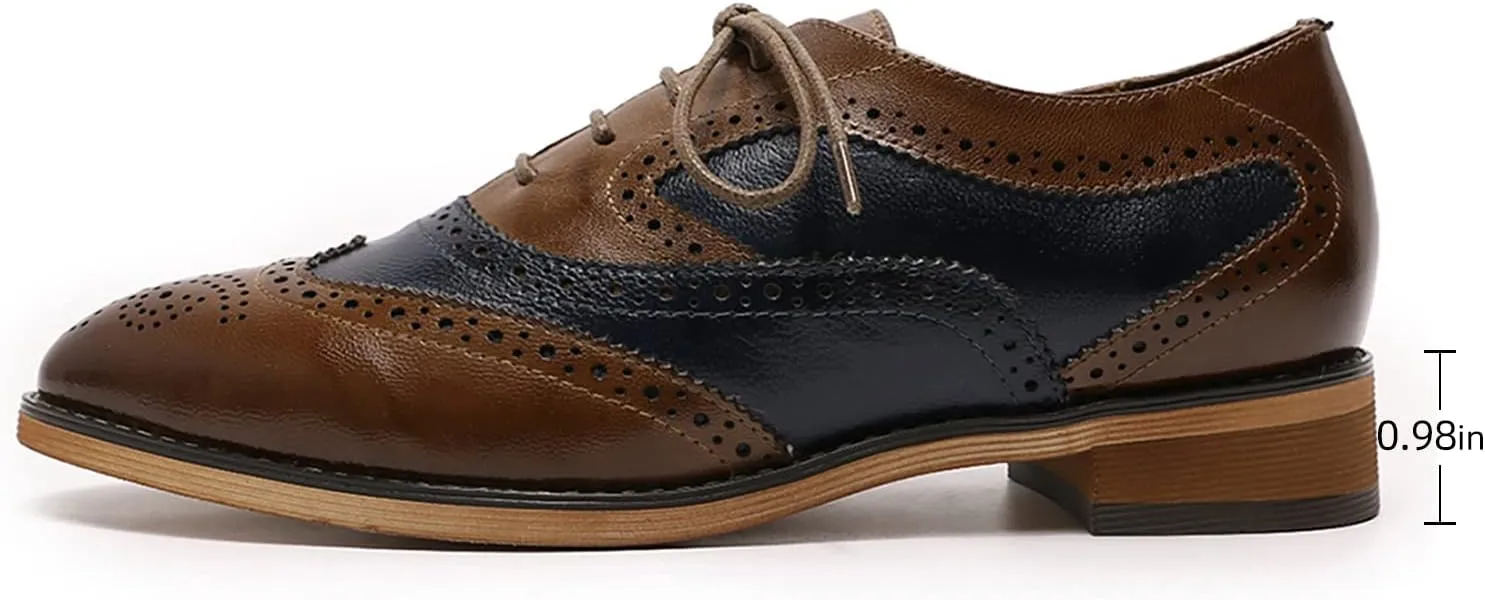 Mona flying Women's Perforated Oxfords Wingtip Brogue Lace up Leather Flat Office Work Shoes for Ladies