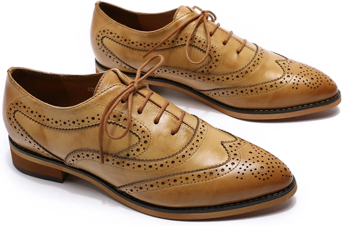 Mona flying Women's Perforated Oxfords Wingtip Brogue Lace up Leather Flat Office Work Shoes for Ladies