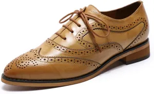 Mona flying Women's Perforated Oxfords Wingtip Brogue Lace up Leather Flat Office Work Shoes for Ladies