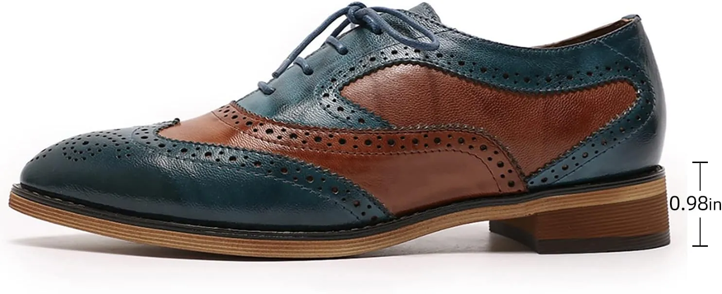Mona flying Women's Perforated Oxfords Wingtip Brogue Lace up Leather Flat Office Work Shoes for Ladies