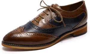 Mona flying Women's Perforated Oxfords Wingtip Brogue Lace up Leather Flat Office Work Shoes for Ladies