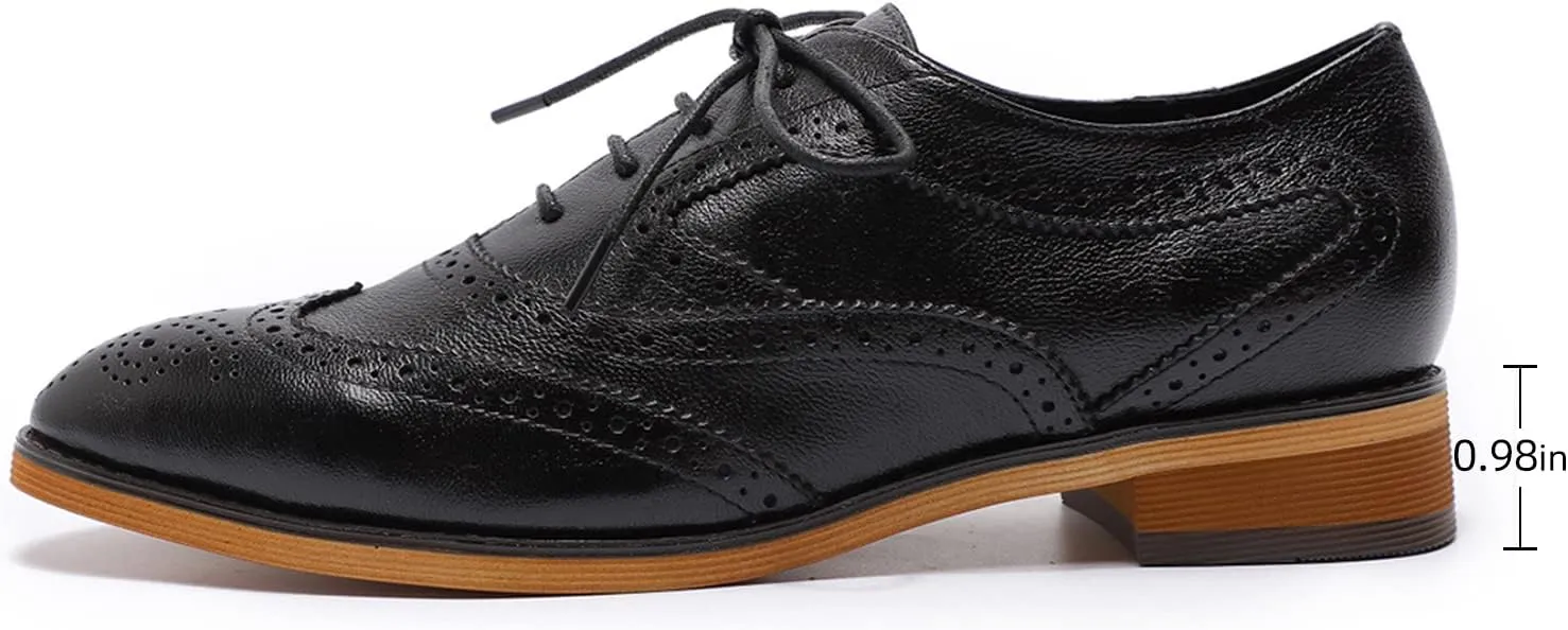 Mona flying Women's Perforated Oxfords Wingtip Brogue Lace up Leather Flat Office Work Shoes for Ladies