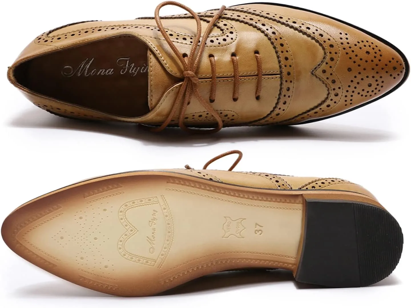 Mona flying Women's Perforated Oxfords Wingtip Brogue Lace up Leather Flat Office Work Shoes for Ladies