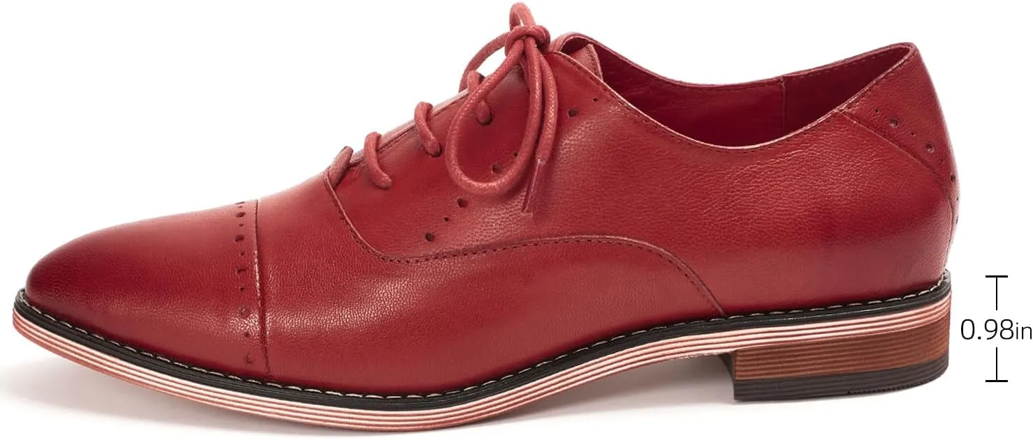 Mona flying Women's Pointed Toe Oxfords Brogue Retro Lace up Leather Work Shoes for Ladies