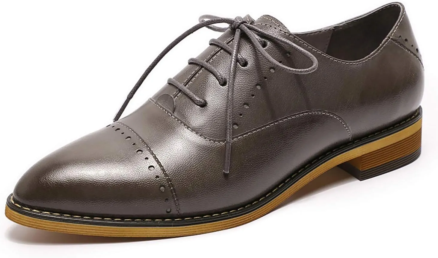 Mona flying Women's Pointed Toe Oxfords Brogue Retro Lace up Leather Work Shoes for Ladies