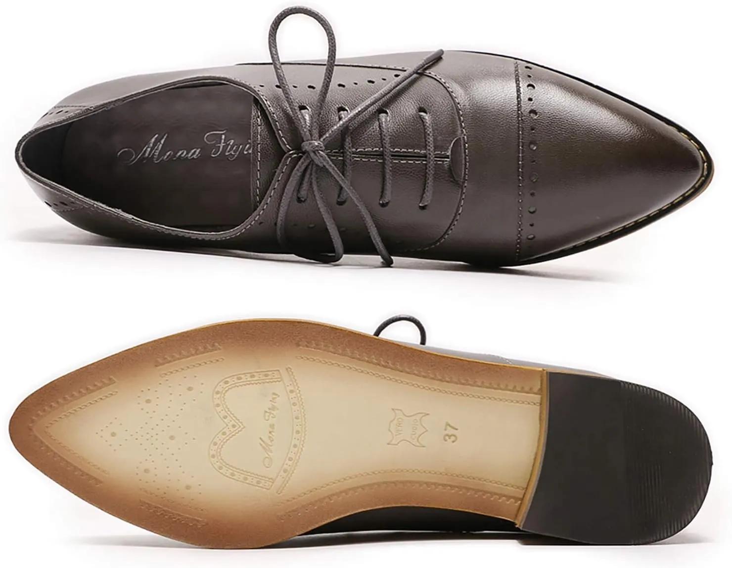 Mona flying Women's Pointed Toe Oxfords Brogue Retro Lace up Leather Work Shoes for Ladies