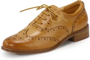 Mona flying Womens Wingtip Oxfords Brogue Comfortable Handmade Lace up Leather Shoes for Ladies