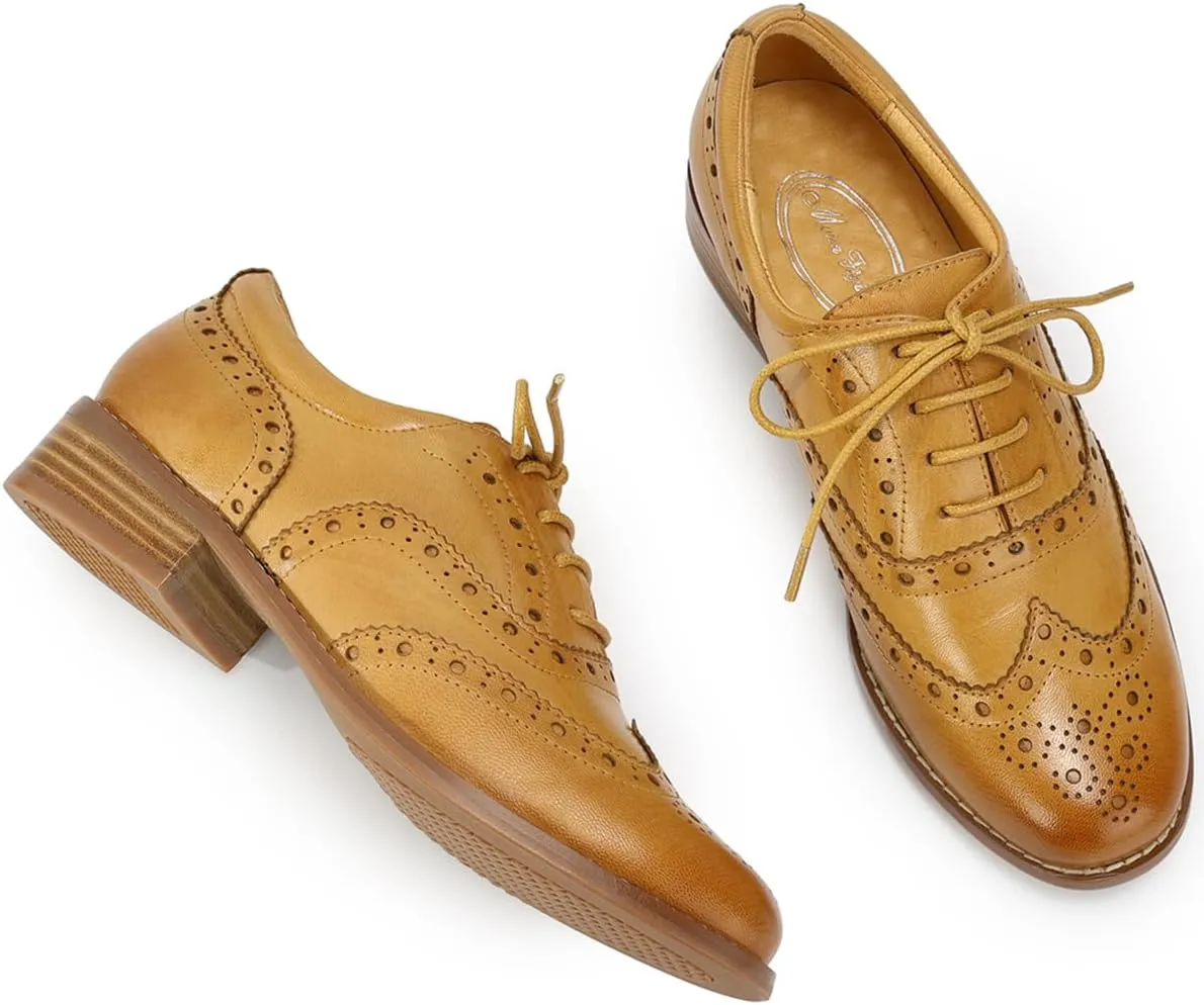 Mona flying Womens Wingtip Oxfords Brogue Comfortable Handmade Lace up Leather Shoes for Ladies