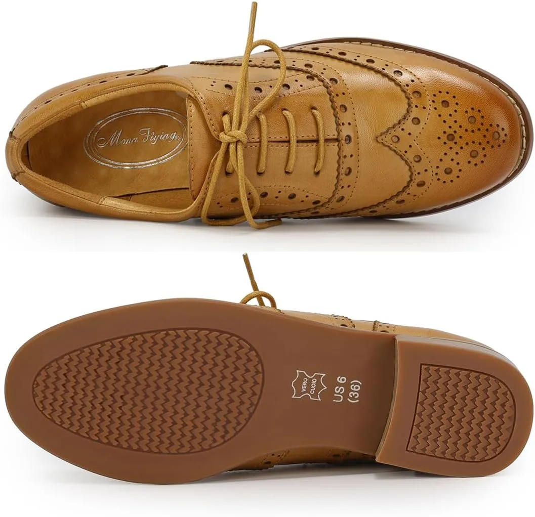 Mona flying Womens Wingtip Oxfords Brogue Comfortable Handmade Lace up Leather Shoes for Ladies