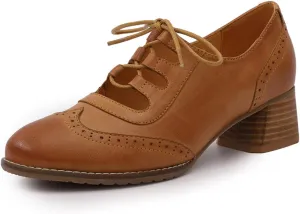 Mona flying Women's Wingtip Oxfords Chunky Heel Lace up Dress Pumps Perforated Round Toe 4cm Mid Heel Leather Shoes for Ladies