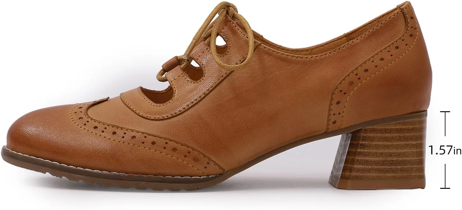 Mona flying Women's Wingtip Oxfords Chunky Heel Lace up Dress Pumps Perforated Round Toe 4cm Mid Heel Leather Shoes for Ladies