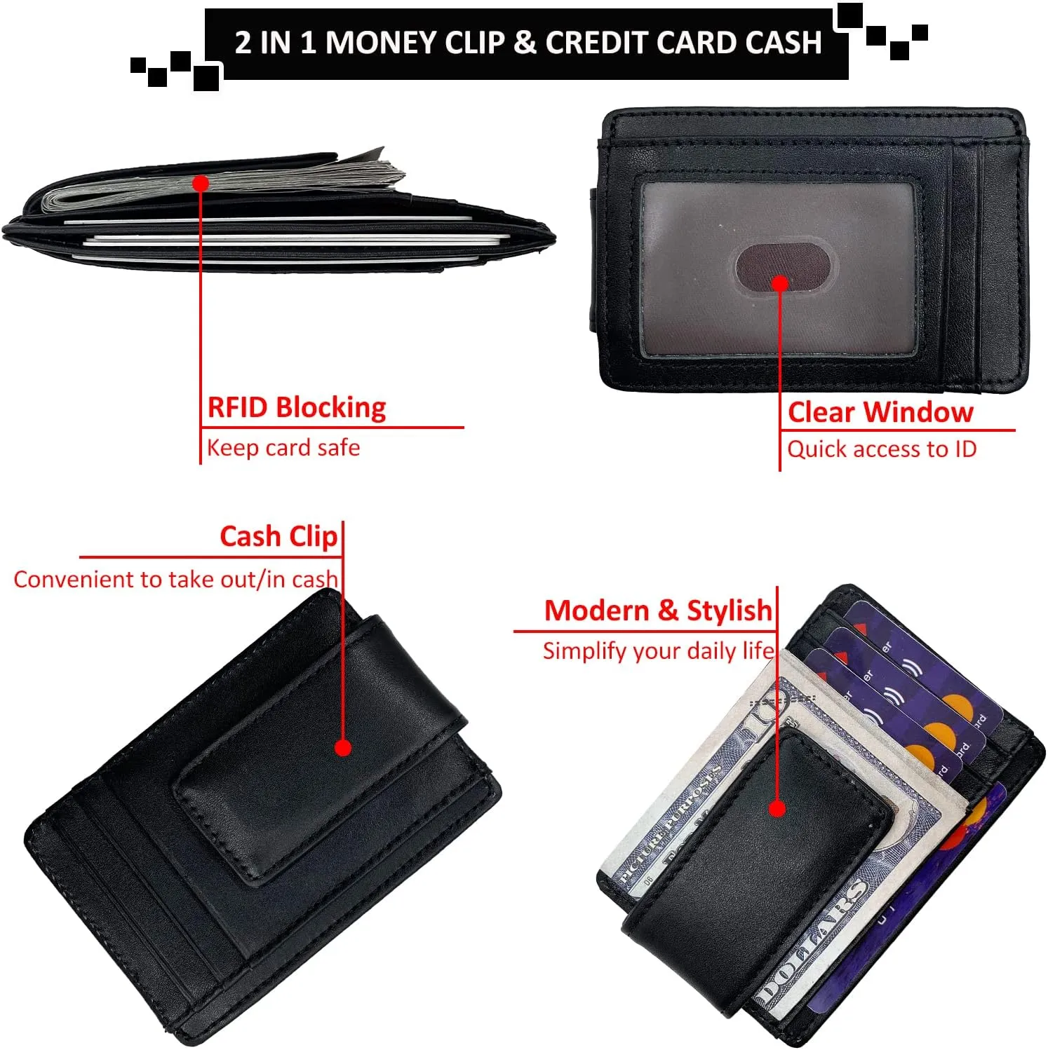 Money Clip RFID Front Pocket Wallet Men Leather Slim Minimalist Wallet