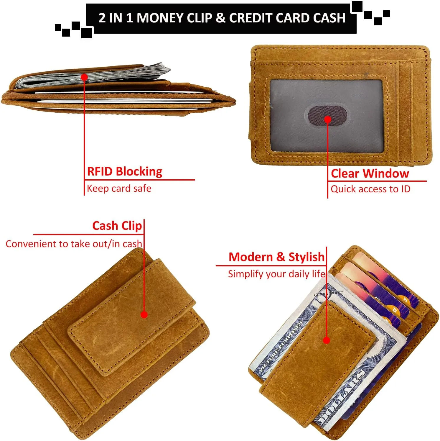 Money Clip RFID Front Pocket Wallet Men Leather Slim Minimalist Wallet