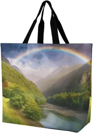 Mountain Valley with Rainbow Handbags Lightweight Travel Shoulder Bag Portable Cute Shopping Beach Market Bag for Men Women Hiking Yoga Gym Swimming Travel Holiday Gift
