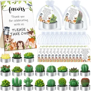 MTLEE 36 Sets Succulent Candles Baby Shower Favors for Guests Include 36 Plant Tealight Candles 36 Thank You Tags 36 Organza Bags Wooden Standing Sign for Gender Reveal Gifts(Woodland)