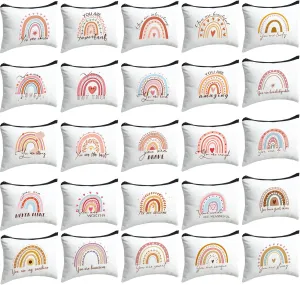 Mumufy 50 Pcs Rainbow Cosmetic Bags for Women Inspirational Makeup Bags Gift with Zipper Motivational Quotes Travel Canvas Bag for Women Christmas Party Supplies