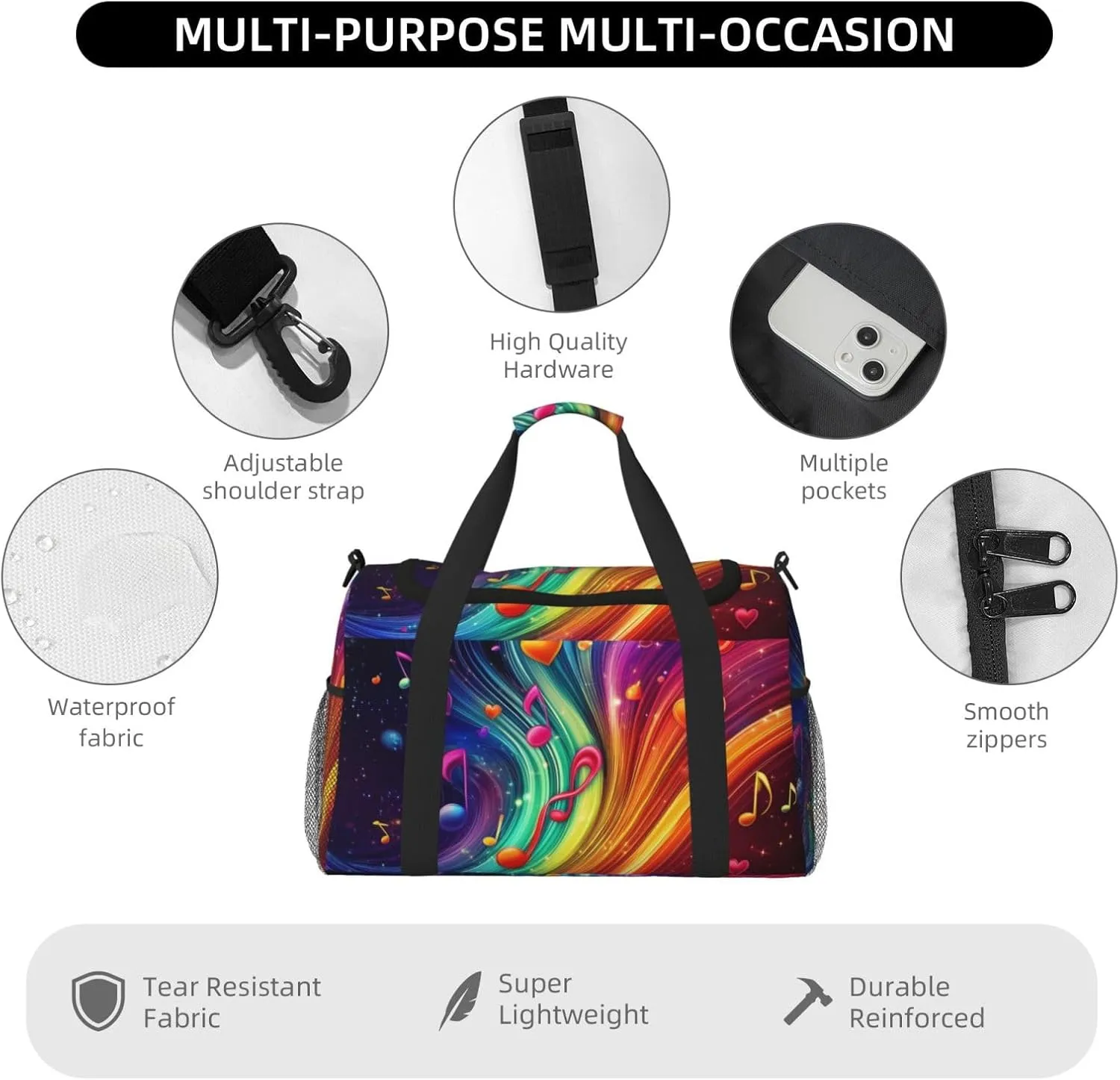 Musical Notes Hearts Neon Duffle Bag Foldable Travel Tote Bag Carry On Large Weekender Overnight Bags Waterproof Gym Bag For Women Men