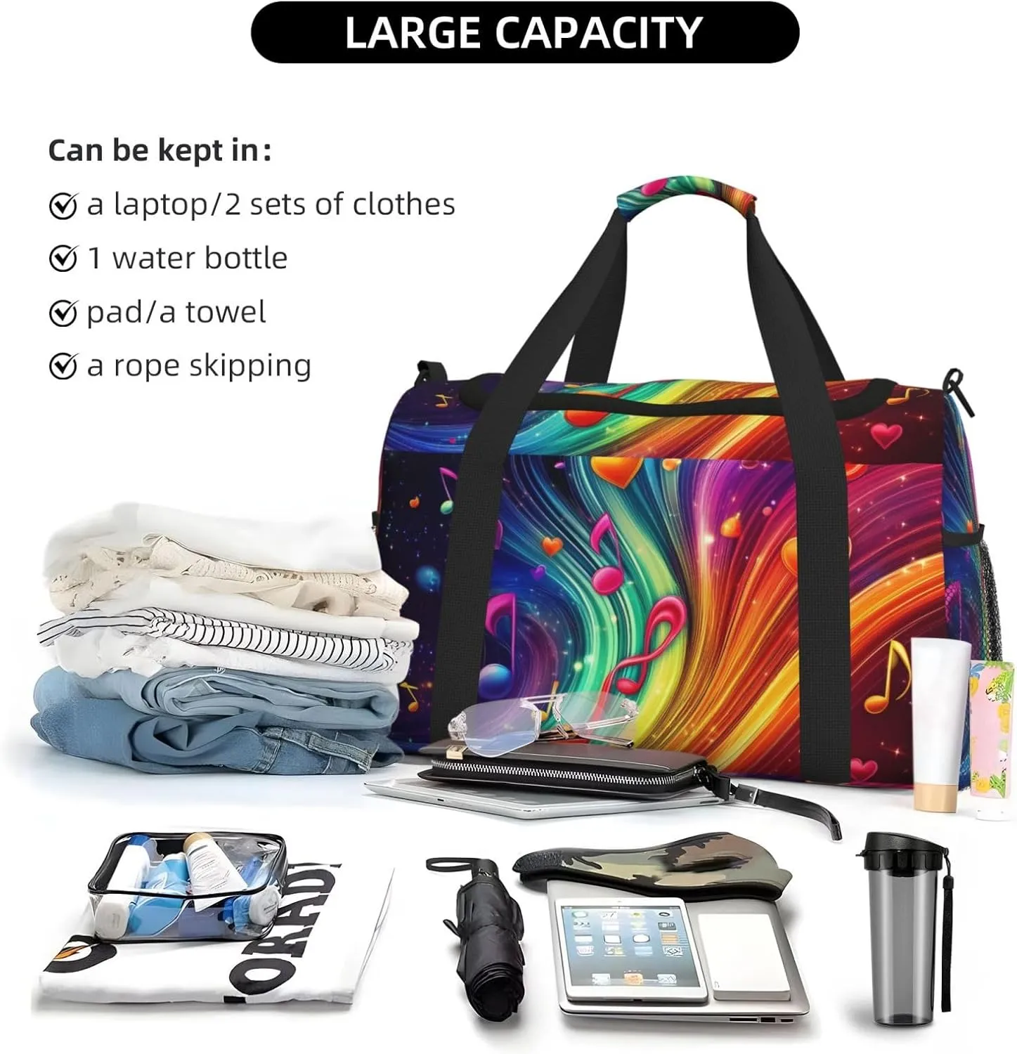 Musical Notes Hearts Neon Duffle Bag Foldable Travel Tote Bag Carry On Large Weekender Overnight Bags Waterproof Gym Bag For Women Men