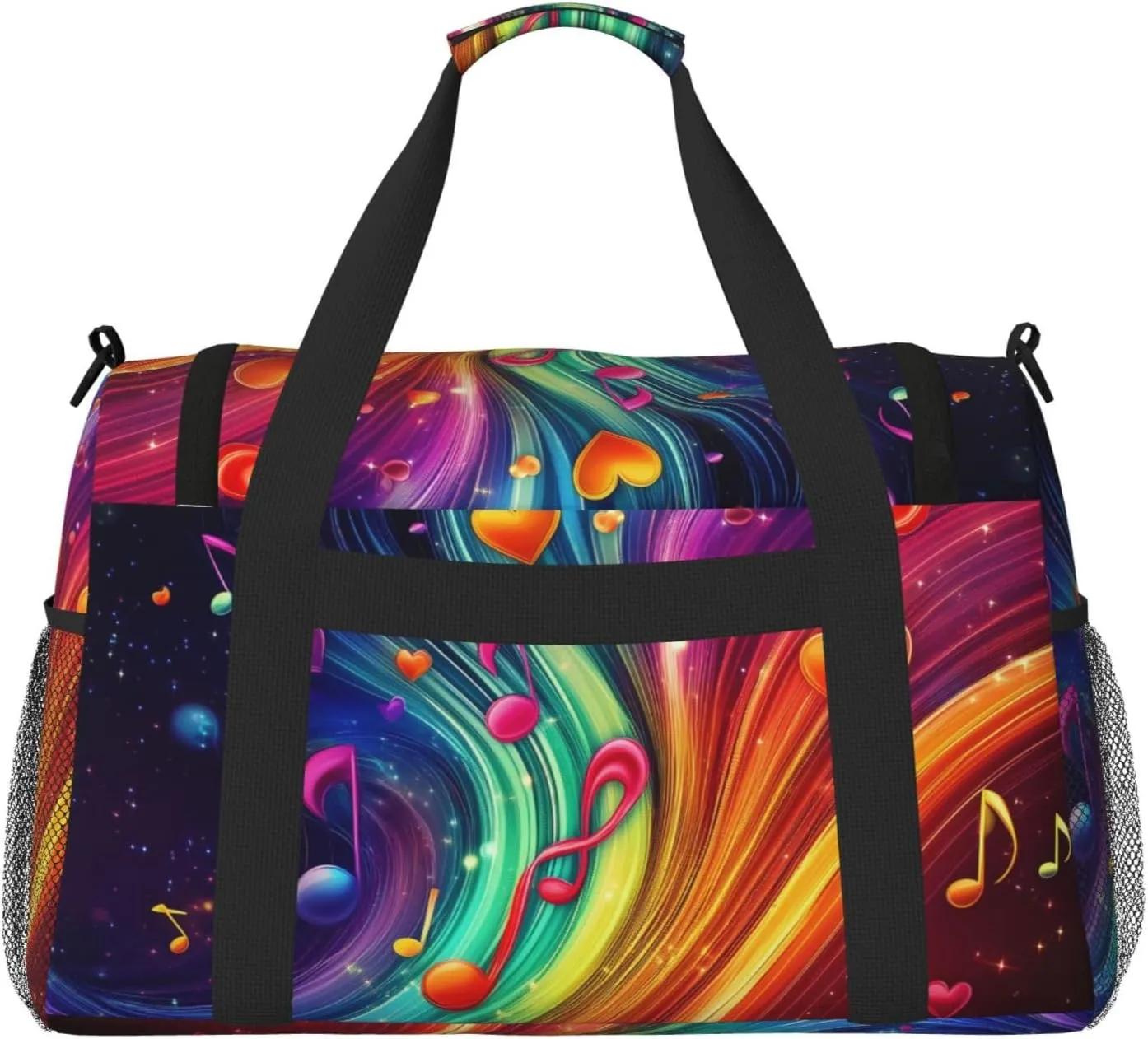 Musical Notes Hearts Neon Duffle Bag Foldable Travel Tote Bag Carry On Large Weekender Overnight Bags Waterproof Gym Bag For Women Men