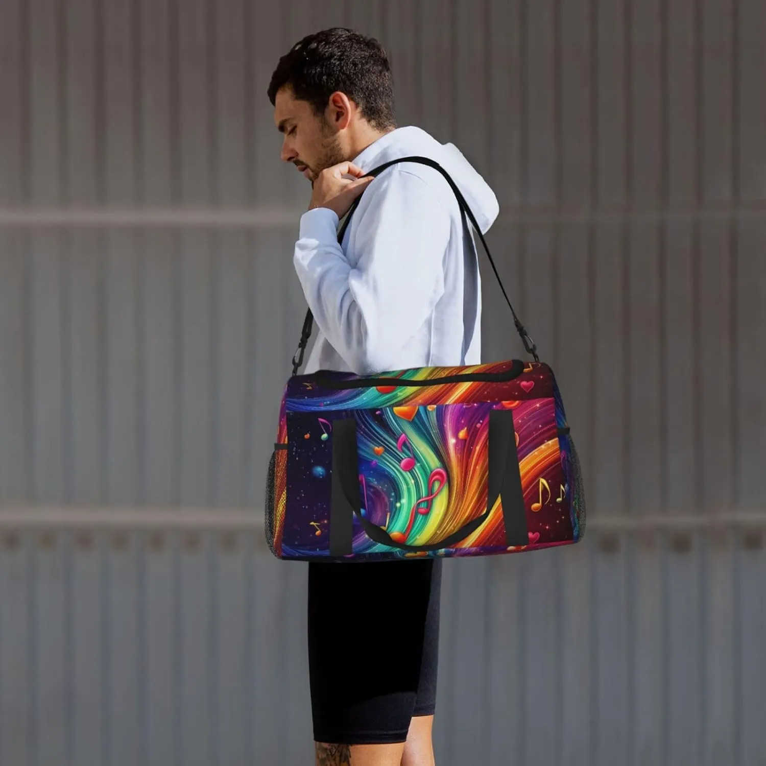 Musical Notes Hearts Neon Duffle Bag Foldable Travel Tote Bag Carry On Large Weekender Overnight Bags Waterproof Gym Bag For Women Men