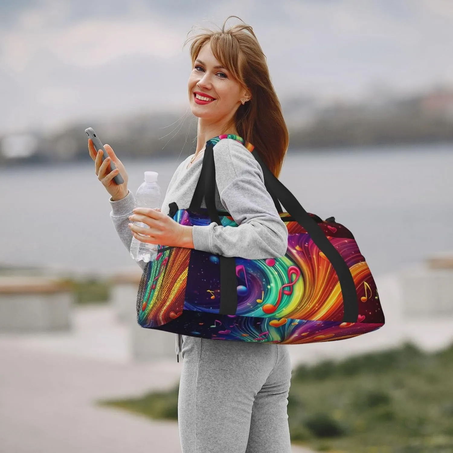 Musical Notes Hearts Neon Duffle Bag Foldable Travel Tote Bag Carry On Large Weekender Overnight Bags Waterproof Gym Bag For Women Men