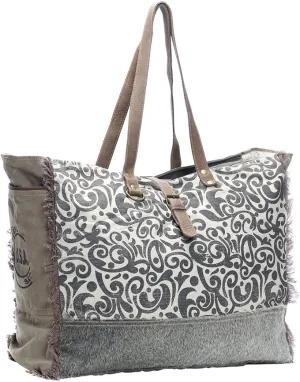 Myra Bag Floral Upcycled Canvas & Cowhide Weekender Bag S-1142