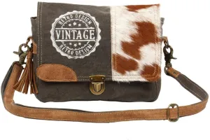 Myra Bag Vintage Stamp Upcycled Canvas & Cowhide Leather Messenger Bag S-1224
