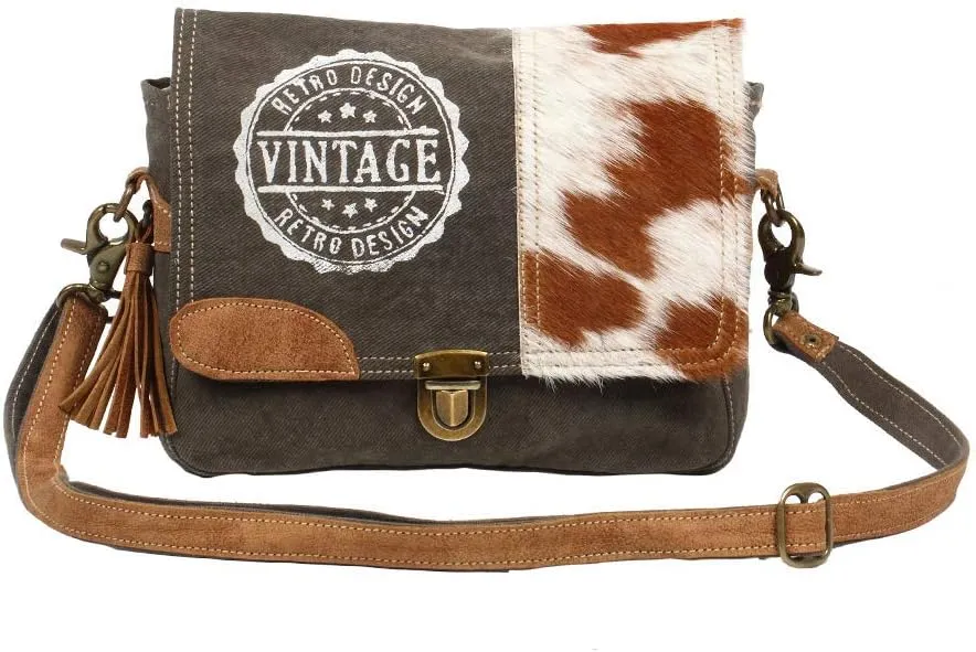 Myra Bag Vintage Stamp Upcycled Canvas & Cowhide Leather Messenger Bag S-1224