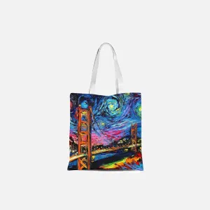 Night City Retro Striped Leisure Tote Bag in Sturdy Canvas