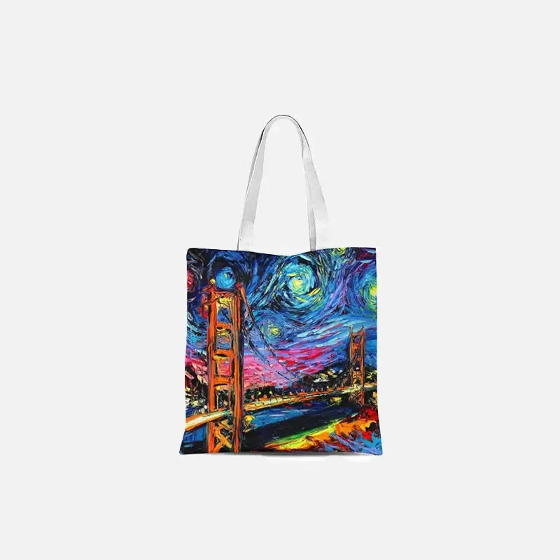 Night City Retro Striped Leisure Tote Bag in Sturdy Canvas