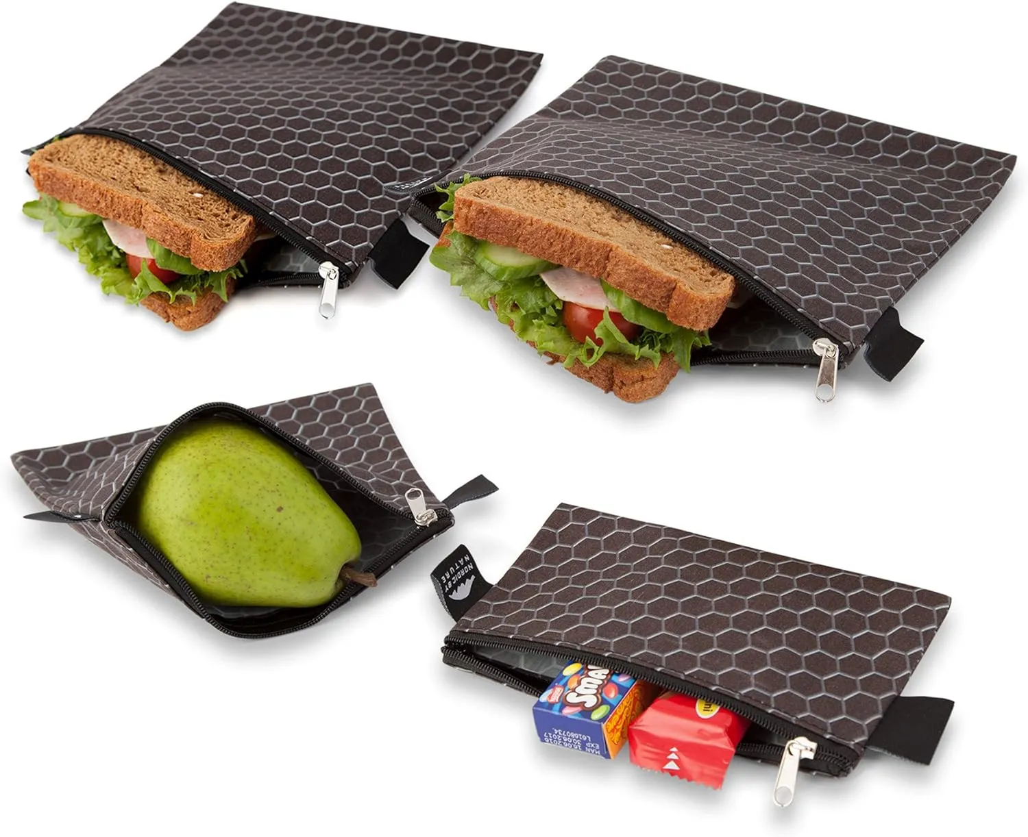 Nordic By Nature 4 Pack - Reusable Sandwich Bags Dishwasher Safe BPA Free - Durable Washable Quick Dry Cloth Baggies -Reusable Snack Bags School Lunches - Easy Open Zipper - (Black Metal)