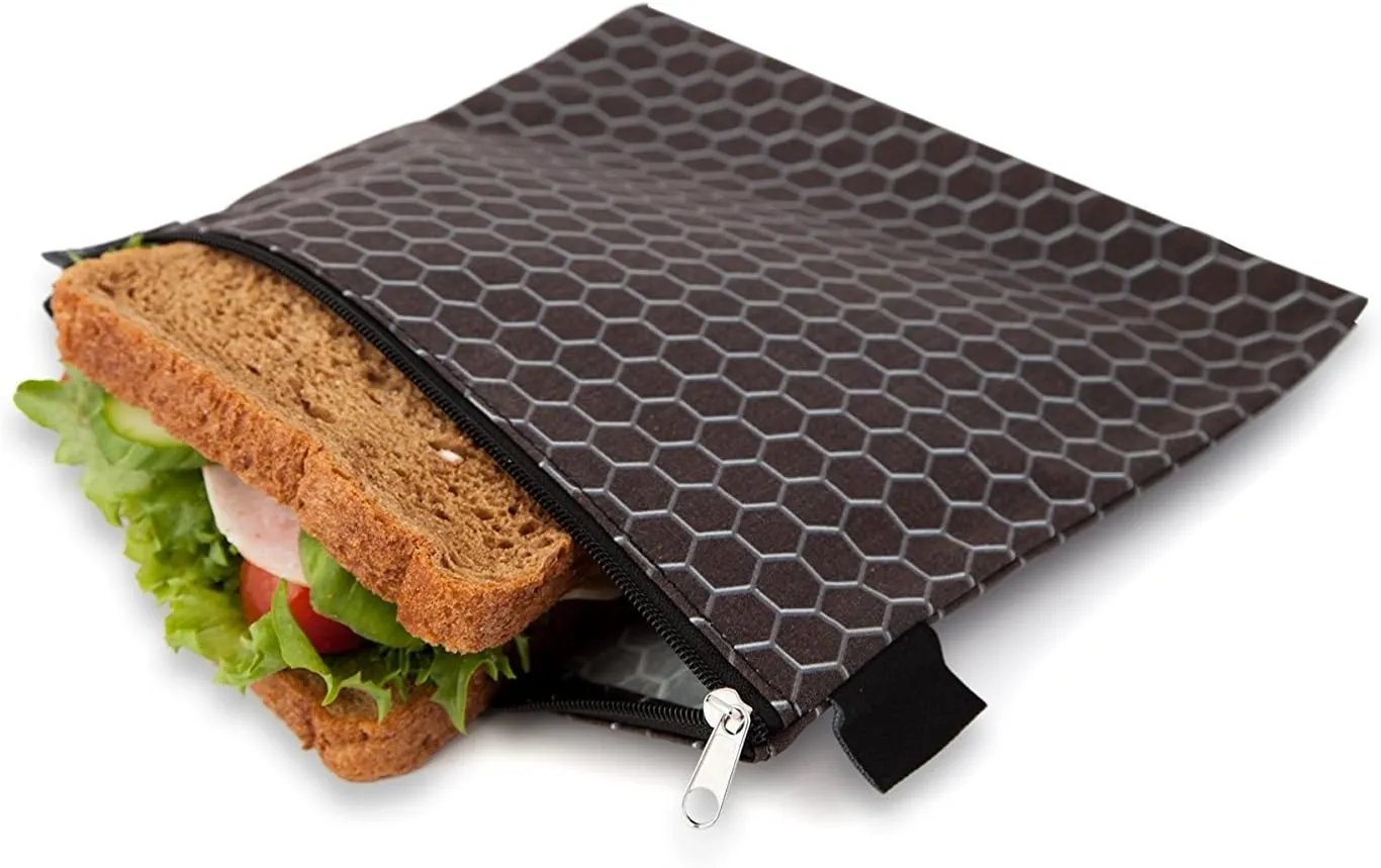 Nordic By Nature 4 Pack - Reusable Sandwich Bags Dishwasher Safe BPA Free - Durable Washable Quick Dry Cloth Baggies -Reusable Snack Bags School Lunches - Easy Open Zipper - (Black Metal)