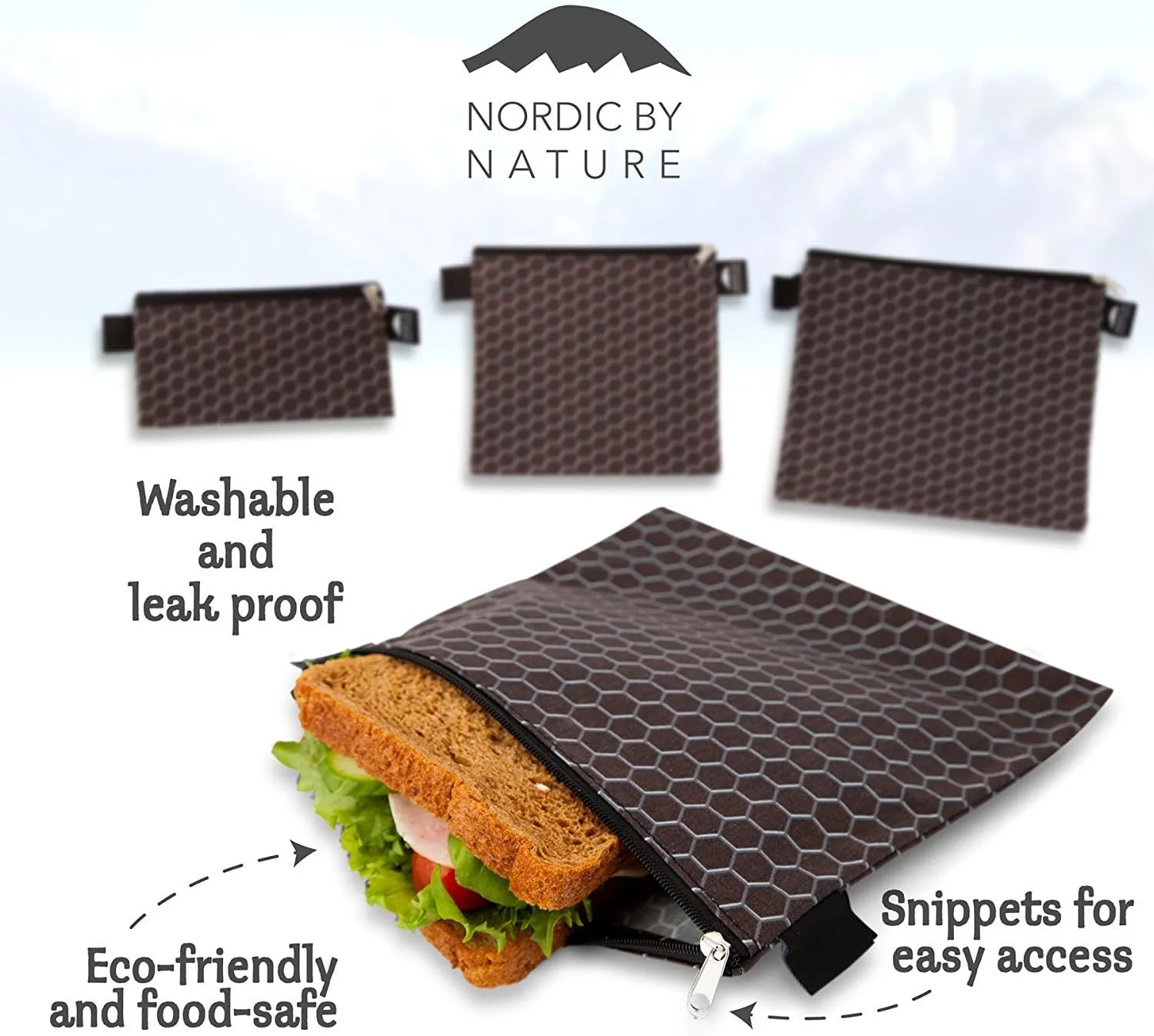 Nordic By Nature 4 Pack - Reusable Sandwich Bags Dishwasher Safe BPA Free - Durable Washable Quick Dry Cloth Baggies -Reusable Snack Bags School Lunches - Easy Open Zipper - (Black Metal)