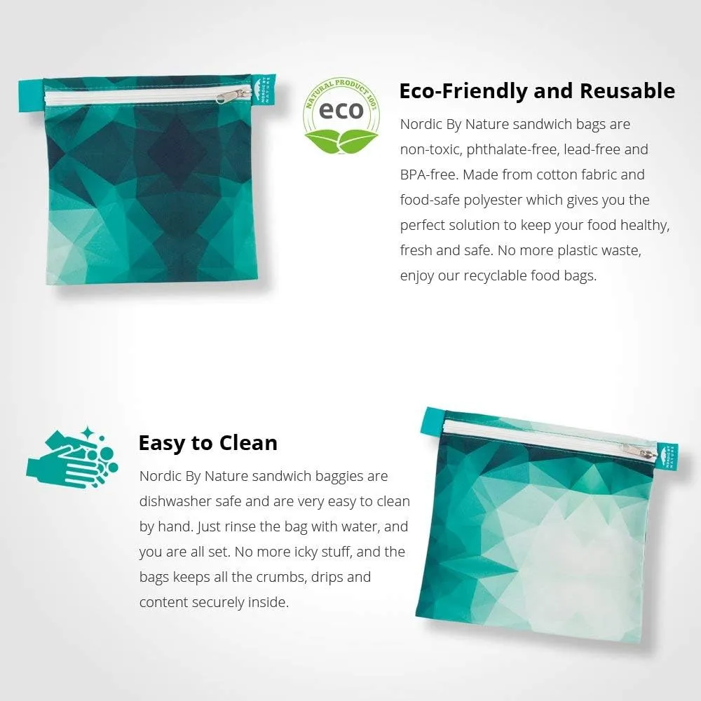 Nordic By Nature 4 Pack - Reusable Sandwich Bags Dishwasher Safe BPA Free - Durable Washable Quick Dry Cloth Baggies -Reusable Snack Bags School Lunches - Easy Open Zipper - (Turquoise)