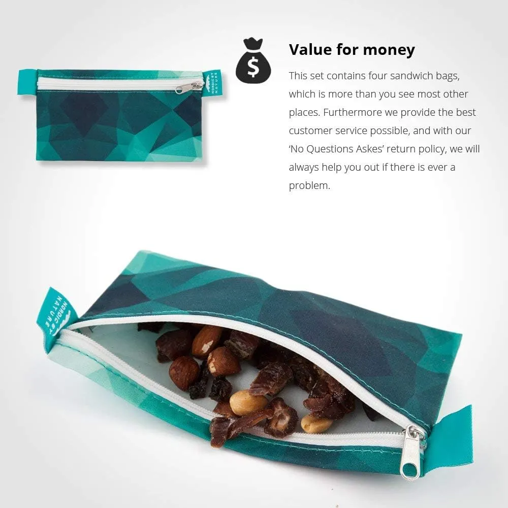 Nordic By Nature 4 Pack - Reusable Sandwich Bags Dishwasher Safe BPA Free - Durable Washable Quick Dry Cloth Baggies -Reusable Snack Bags School Lunches - Easy Open Zipper - (Turquoise)