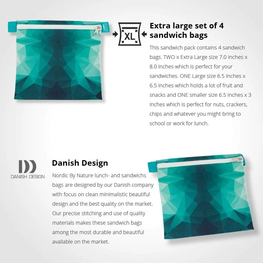Nordic By Nature 4 Pack - Reusable Sandwich Bags Dishwasher Safe BPA Free - Durable Washable Quick Dry Cloth Baggies -Reusable Snack Bags School Lunches - Easy Open Zipper - (Turquoise)