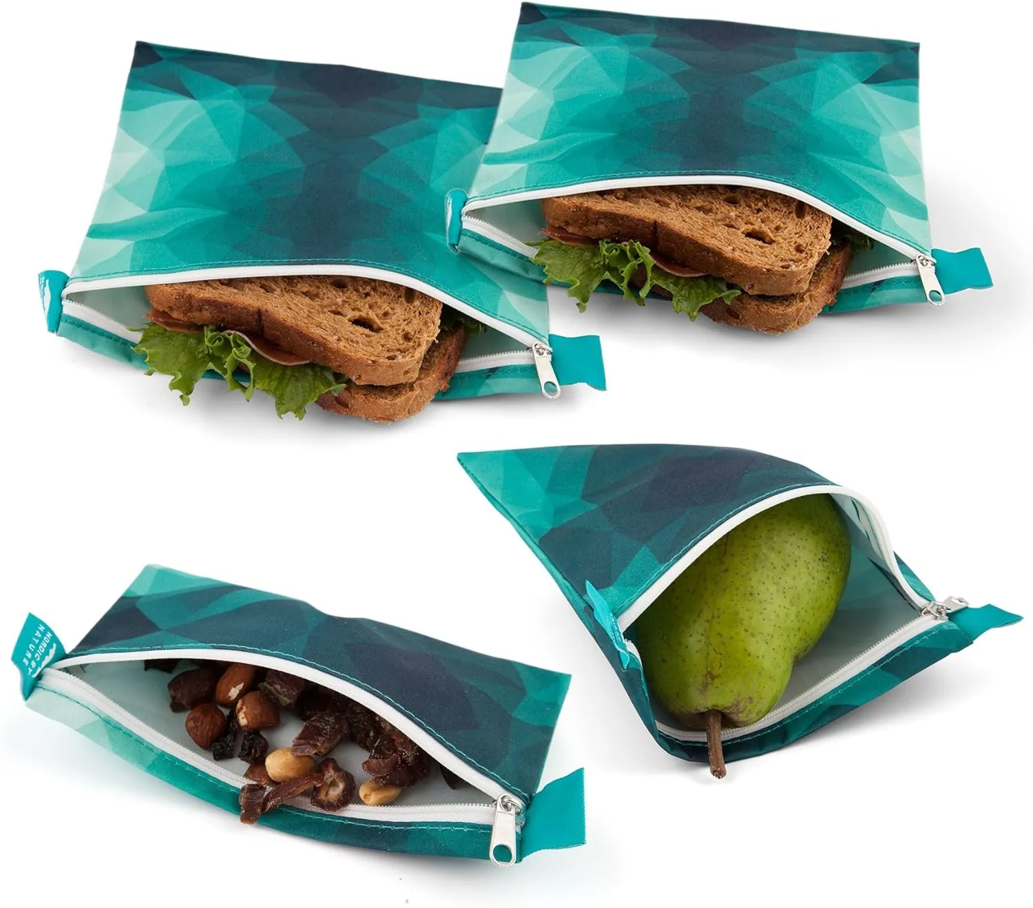 Nordic By Nature 4 Pack - Reusable Sandwich Bags Dishwasher Safe BPA Free - Durable Washable Quick Dry Cloth Baggies -Reusable Snack Bags School Lunches - Easy Open Zipper - (Turquoise)