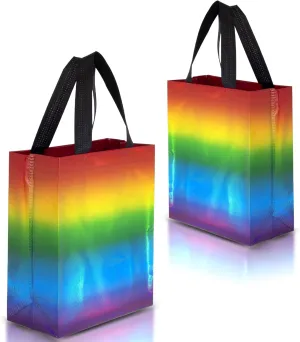 Nush Nush Holographic Rainbow Gift Bags Medium Size - Set of 12 Stunning Reusable With Handles - Party Favor, Goodie, Birthday Bags Bulk - 8x4x10