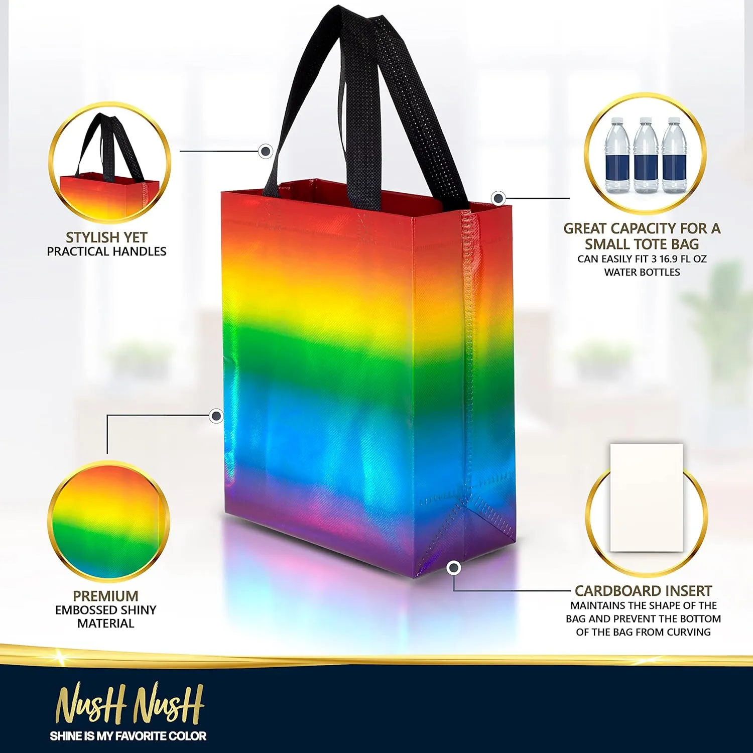 Nush Nush Holographic Rainbow Gift Bags Medium Size - Set of 12 Stunning Reusable With Handles - Party Favor, Goodie, Birthday Bags Bulk - 8x4x10