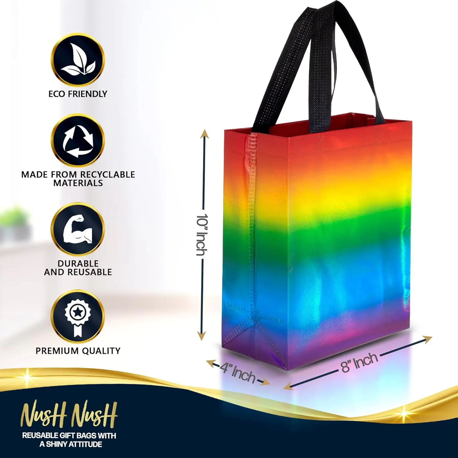 Nush Nush Holographic Rainbow Gift Bags Medium Size - Set of 12 Stunning Reusable With Handles - Party Favor, Goodie, Birthday Bags Bulk - 8x4x10