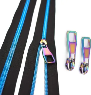 Nylon Coil Zippers by The Yard #5-Long Zippers for Sewing Blue Metallic Teeth Black Tape 5 Yard with 10PCS Rainbow Slider-VOC Zipper for Tailor Crafts(Black Tape)