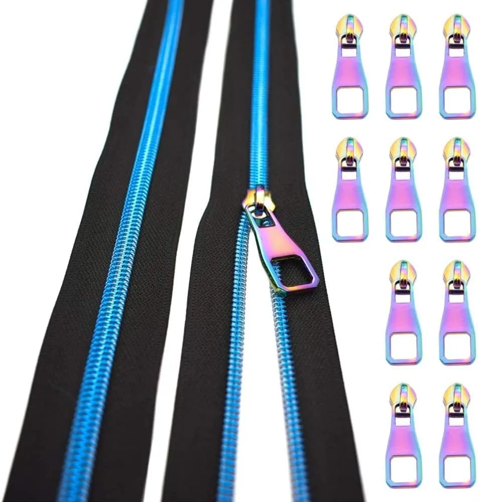 Nylon Coil Zippers by The Yard #5-Long Zippers for Sewing Blue Metallic Teeth Black Tape 5 Yard with 10PCS Rainbow Slider-VOC Zipper for Tailor Crafts(Black Tape)