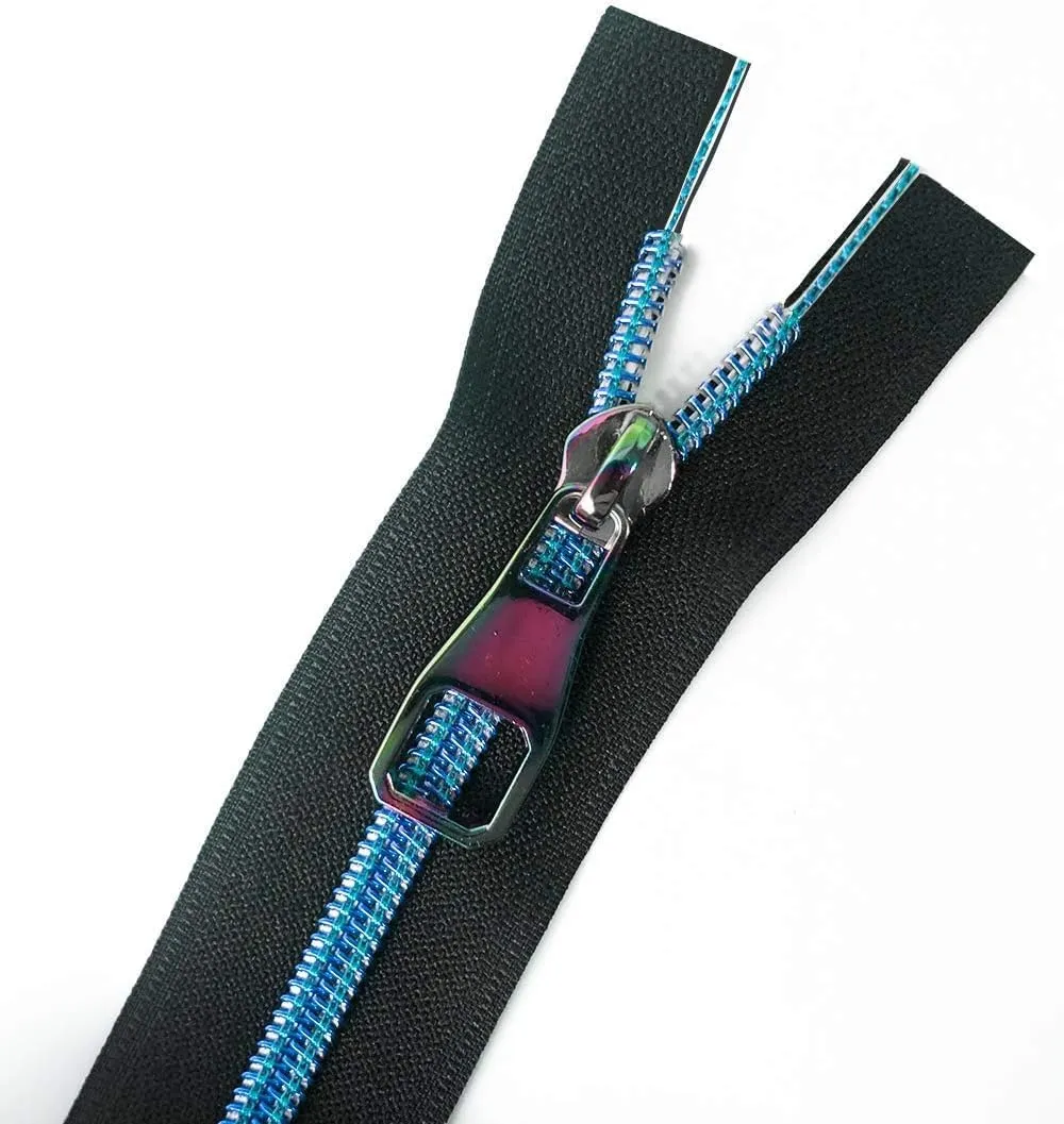 Nylon Coil Zippers by The Yard #5-Long Zippers for Sewing Blue Metallic Teeth Black Tape 5 Yard with 10PCS Rainbow Slider-VOC Zipper for Tailor Crafts(Black Tape)