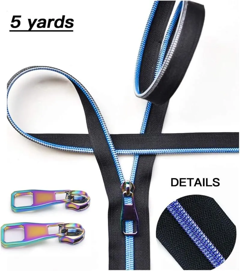 Nylon Coil Zippers by The Yard #5-Long Zippers for Sewing Blue Metallic Teeth Black Tape 5 Yard with 10PCS Rainbow Slider-VOC Zipper for Tailor Crafts(Black Tape)