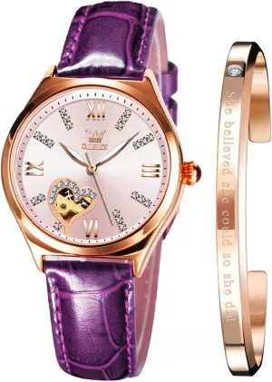 OLEVS Watches for Women Automatic Ladies Watch Mechanical Leather Strap Self-Winding Diamond dial Waterproof