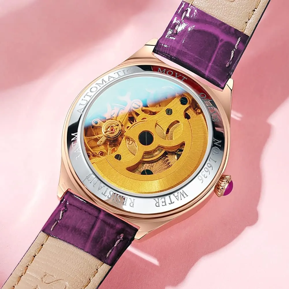 OLEVS Watches for Women Automatic Ladies Watch Mechanical Leather Strap Self-Winding Diamond dial Waterproof